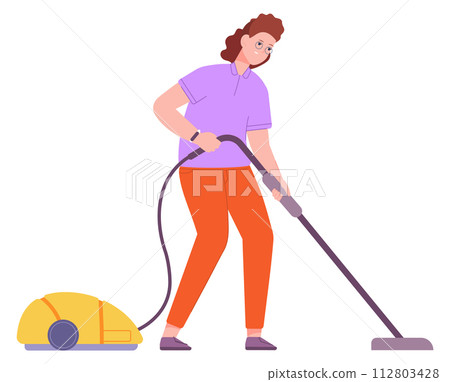 Woman with vacuum cleaner. Housekeeping routine. Dust cleaning Woman with vacuum cleaner. Housekeeping routine. Dust cleaning 112803428