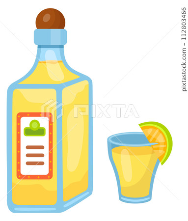 Tequilla bottle and glass. Cartoon mexican alcohol icon 112803466