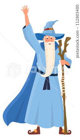 Old wizard with wooden stick. Fantasy mage in blue robe Old wizard with wooden stick. Fantasy mage in blue robe 112803480