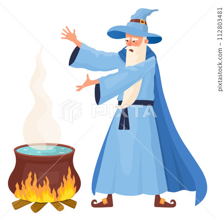 Medieval sorcerer make alchemy potion in cauldron. Magic character Medieval sorcerer make alchemy potion in cauldron. Magic character 112803481