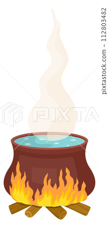 Cauldron on campfire with raising steam. Witchcraft cartoon icon Cauldron on campfire with raising steam. Witchcraft cartoon icon 112803482