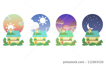 Morning, noon, evening, night view houses 112803526