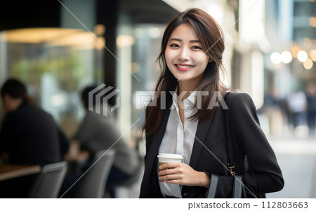 找工作的女朋友在辦公區喝咖啡散步 112803663
