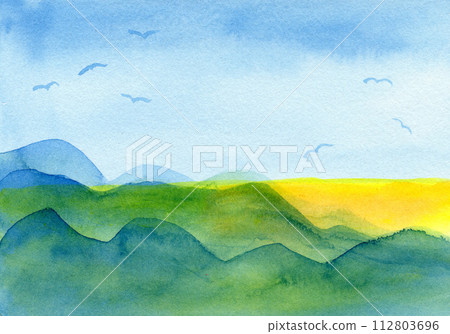 Hand-drawn watercolor depicts serene mountains, sandy beach, blue sky, with birds silhouettes, evoking tranquility and nature's beauty. Hand-drawn watercolor depicts serene mountains, sandy beach, blue sky, with birds silhouettes, evoking tranquility and nature's beauty. 112803696