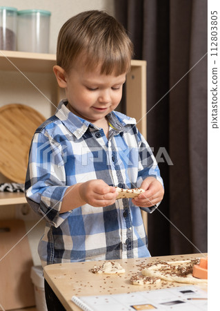 Little boy making cookies from gluten-free healthy dough with flax seeds. Little boy making cookies from gluten-free healthy dough with flax seeds. 112803805