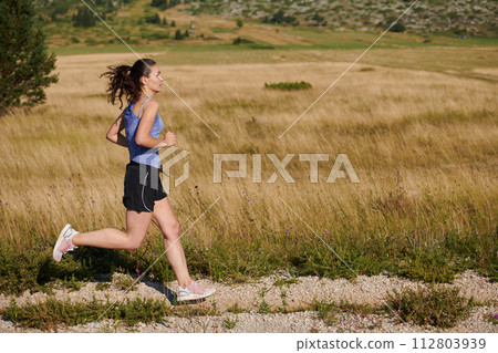 Solo Stride: Determined Athlete Woman Embarks on Fitness Journey for Marathon Preparation. Solo Stride: Determined Athlete Woman Embarks on Fitness Journey for Marathon Preparation. 112803939
