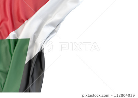 Flag of Sudan in the corner on white background. 3D rendering. Isolated 112804039