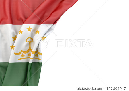 Flag of Tajikistan in the corner on white background. 3D rendering. Isolated 112804047