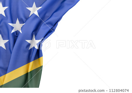 Flag of Solomon Islands in the corner on white background. 3D rendering. Isolated 112804074