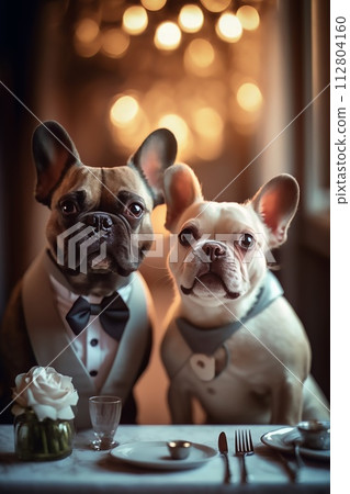 AI-generated content.  A charming scene featuring two French Bulldogs dressed elegantly, seated at a dinner table 112804160