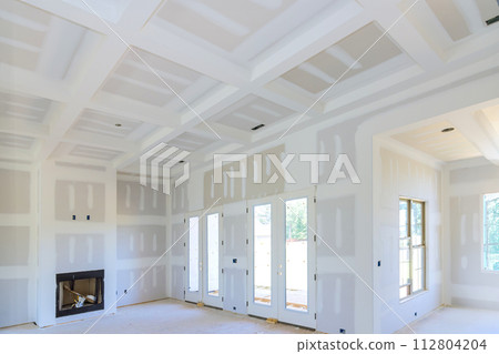 New home construction gypsum plaster walls interior finish drywall ready for paint New home construction gypsum plaster walls interior finish drywall ready for paint 112804204
