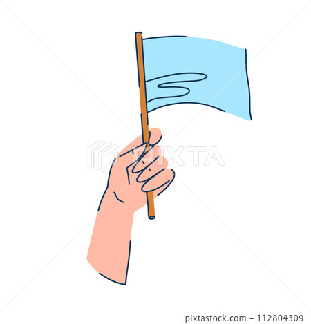 Illustration of a hand holding a pale blue small flag in flat style Fan pride or protest concept Illustration of a hand holding a pale blue small flag in flat style Fan pride or protest concept 112804309