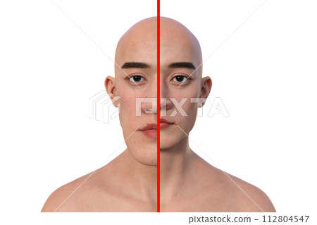 Acromegaly in a man, and the same healthy man, 3D illustration 112804547