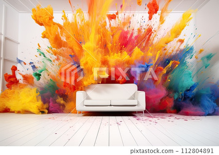 AI-generated content. colorsplash in clean white livingroom illustration AI-generated content. colorsplash in clean white livingroom illustration 112804891