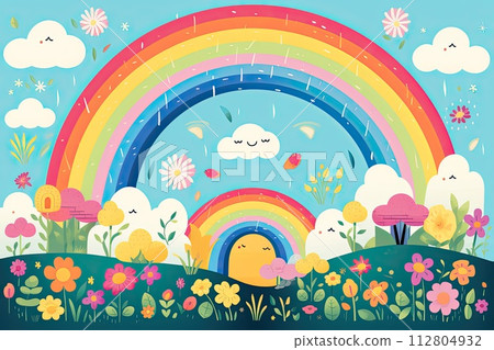 AI-generated content. childish illustration of colorful rainbow in summer 112804932