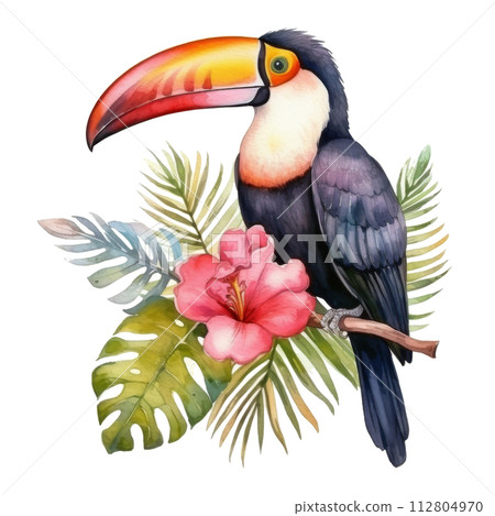 Toucan Painting on Branch With Flowers 112804970