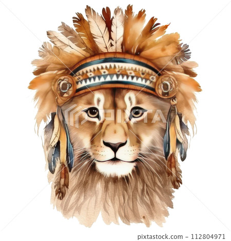 Small Lion Cub Wearing a Headdress 112804971