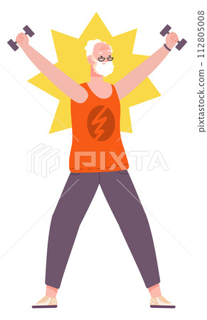 Active old man exercise with dumbells. Senior training 112805008