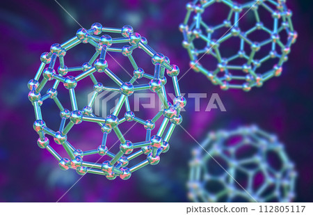 Buckyball, or buckminsterfullerene molecule, 3D illustration 112805117