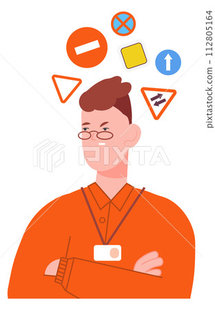 Man irritated with road signs. Driving instructor character Man irritated with road signs. Driving instructor character 112805164