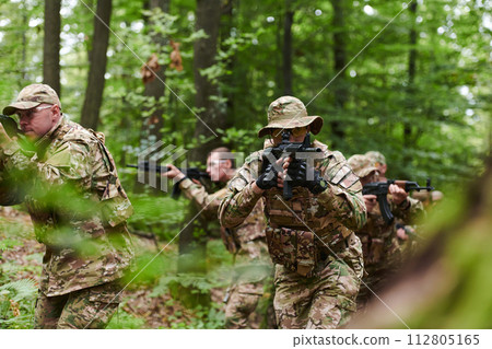 A disciplined and specialized military unit, donned in camouflage, strategically patrolling and maintaining control in a high-stakes environment, showcasing their precision, unity, and readiness for A disciplined and specialized military unit, donned in camouflage, strategically patrolling and maintaining control in a high-stakes environment, showcasing their precision, unity, and readiness for 112805165
