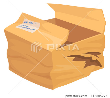 Broken parcel container. Cartoon damaged shipping cardboard box Broken parcel container. Cartoon damaged shipping cardboard box 112805273