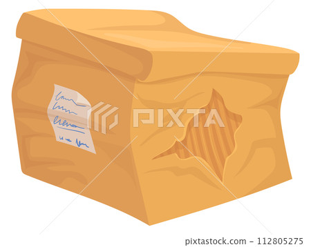 Damaged cardboard box cartoon icon. Crumpled container Damaged cardboard box cartoon icon. Crumpled container 112805275
