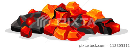 Burning charcoals. Hot wood coal. Cartoon fire Burning charcoals. Hot wood coal. Cartoon fire 112805311