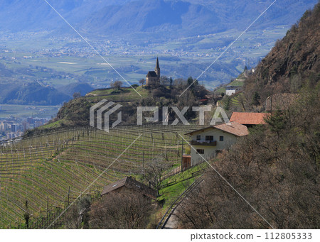 St Georgen, small village and chapel above Bolzano, Italy. 112805333