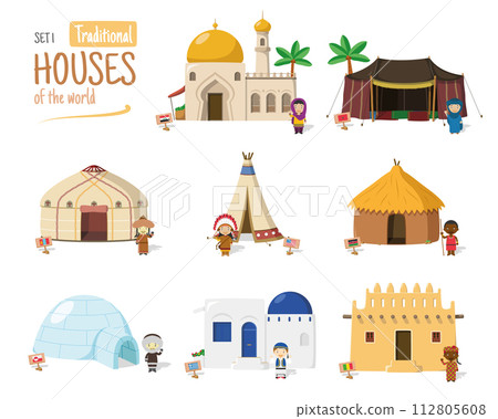 Vector illustration Set 1 of Traditional Houses of the World in cartoon style isolated on white background 112805608