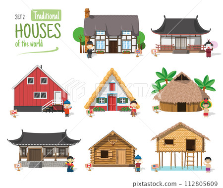 Vector illustration Set 2 of Traditional Houses of the World in cartoon style isolated on white background 112805609