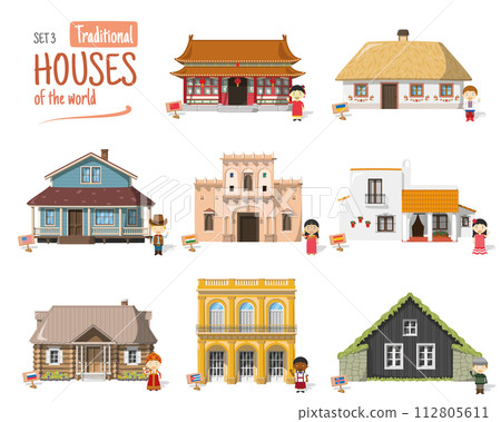 Vector illustration Set 3 of Traditional Houses of the World in cartoon style isolated on white background 112805611