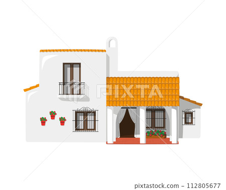 Vector illustration of a traditional Spain Andalusian farmhouse in cartoon style isolated on white background. Traditional Houses of the World Series Vector illustration of a traditional Spain Andalusian farmhouse in cartoon style isolated on white background. Traditional Houses of the World Series 112805677