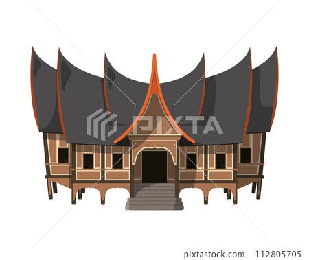 Vector illustration of a traditional Indonesia Rumah Gadang house in cartoon style isolated on white background. Traditional Houses of the World Series 112805705