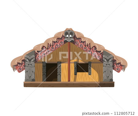 Vector illustration of a traditional Maori Wharenui house in cartoon style isolated on white background. Traditional Houses of the World Series 112805712