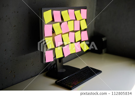 Computer monitor full of colorful sticky notes reminders Computer monitor full of colorful sticky notes reminders 112805834