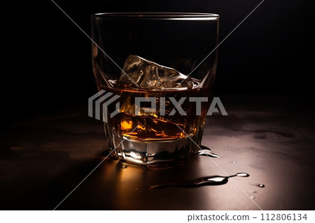 AI-generated content. A whiskey glass with ice, subtle reflections, and a dark background 112806134