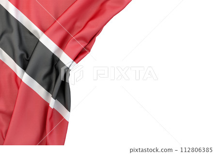 Flag of Trinidad and Tobago in the corner on white background. 3D rendering. Isolated Flag of Trinidad and Tobago in the corner on white background. 3D rendering. Isolated 112806385
