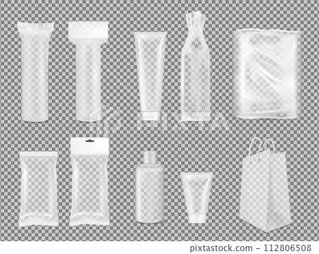 Big set. Transparent empty plastic packaging. Blank foil sachet for cosmetic or medicine Big set. Transparent empty plastic packaging. Blank foil sachet for cosmetic or medicine 112806508