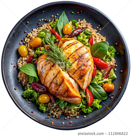 grilled salmon steak with vegetables 112806822