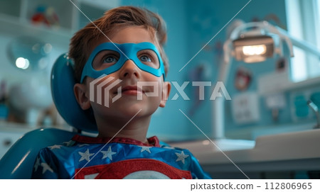AI-generated content. Admiring the wonders of technology, a little boy in superhero costume gazes upward with hope and imagination 112806965