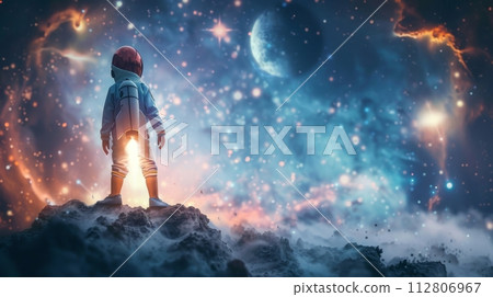 AI-generated content. Little space engineer with a model rocket standing against a cosmic backdrop 112806967