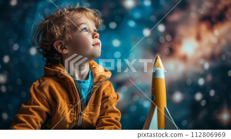 AI-generated content. Young boy in awe as he dreams about space exploration, with a model rocket 112806969