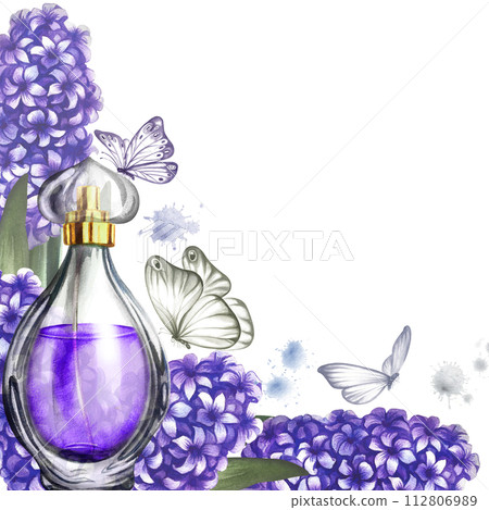 A frame with a perfume bottle made of transparent glass with hyacinth flowers. Vintage purple perfume. A hand-drawn watercolor illustration. For packaging, postcards and labels. For banners, flyers. A frame with a perfume bottle made of transparent glass with hyacinth flowers. Vintage purple perfume. A hand-drawn watercolor illustration. For packaging, postcards and labels. For banners, flyers. 112806989