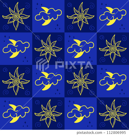 Mystery outline seamless pattern with contrast squares. Linear contour esoteric drawings. Doodle sun, moon and clouds on blue background. Trendy print design for textile, wallpaper, wrapping 112806995