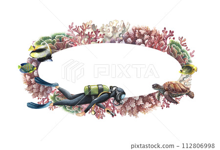 Oval frame with diver, corals, sea turtle and fish. Hand-painted watercolor painting. Aquarium, tropics, reefs. For labels, business cards and packaging, postcards and flyers, template for labels. Oval frame with diver, corals, sea turtle and fish. Hand-painted watercolor painting. Aquarium, tropics, reefs. For labels, business cards and packaging, postcards and flyers, template for labels. 112806998