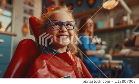 AI-generated content. Cheerful child in superhero costume at dentist's office with a confident smile 112807002