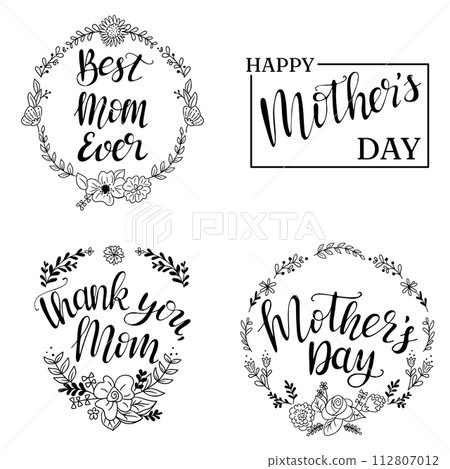 Set of calligraphic greeting cards for Mothers day. Slogans Best Mom Ever, Mothers Day. Vector typography design for banner, poster, card. Modern vector calligraphy isolated on white background 112807012