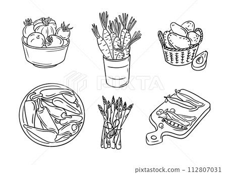 Sketchy outline drawings of vegetables in groups. Doodle outline vegetables for healthy eating on white background. Ideal for coloring pages, tattoo, pattern Sketchy outline drawings of vegetables in groups. Doodle outline vegetables for healthy eating on white background. Ideal for coloring pages, tattoo, pattern 112807031