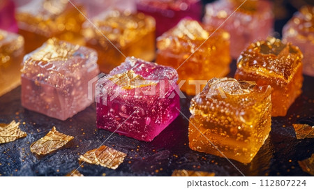 AI-generated content. Luxurious jelly candies with sparkling gold leaf topping on a dark background AI-generated content. Luxurious jelly candies with sparkling gold leaf topping on a dark background 112807224
